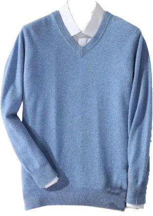 Generic Men 100 Percent Cashmere Sweater Men Pullover Warm Classic V-Neck Sweaters Male Long Sleeve Knitted Jumper Jersey Sky Blue