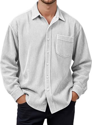 Generic Mens Long Sleeve Shirt Soft Corduroy Oversized Button Down Top with Chest Pocket Relaxed Fit Loungewear Casual Sweatshirt White