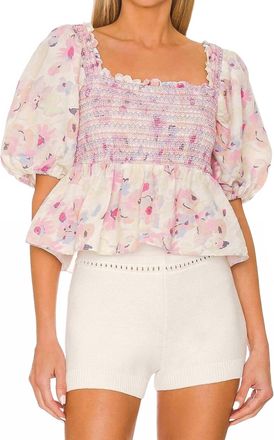 Something Navy Floral Smocked Puff Shoulder Top In Pastel/multi