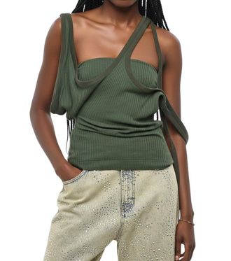The Attico Dark Green Textured Asymmetric Neck Top