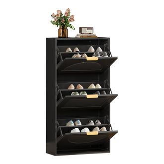 STILVORA Zapatero Estrecho Con 3 Puertas Abatibles, Ahorro De Espacio, Estilo Moderno, En Mdf Y Tablero De Part&iacute;culas, 60&times;24&times;114 Cm, Negro