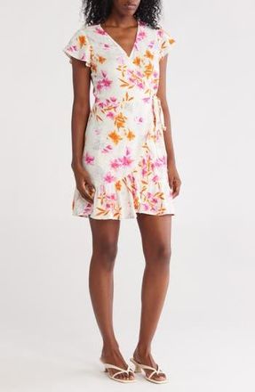 Lovestitch Floral Flutter Sleeve Wrap Dress in Ivory/Fuschia at Nordstrom Rack, Size Medium