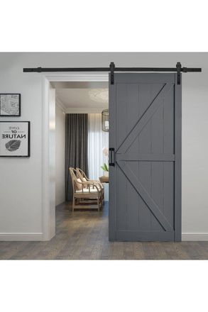 Living and Home 91cm W x 3.5cm D x 213cm H Farmhouse Style Wooden Barn Door with 200cm Slide Guide Dark Grey