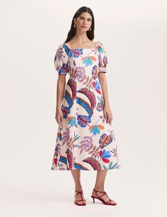 Finery Daisy Square Neck Midi Dress in Cream Leaves at Nordstrom, Size 10