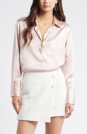 Open Edit Relaxed Fit Satin Button-Up Shirt in Pink Sepia at Nordstrom, Size Xx-Small