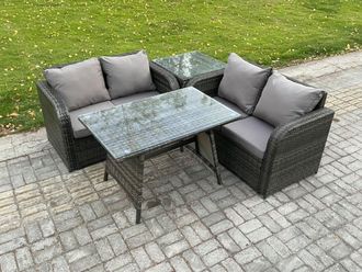 Fimous Outdoor Garden Furniture Sets 4 Pieces Wicker Rattan Furniture Sofa Sets with Rectangular Dining Table in Dark Grey