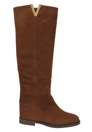 Via Roma 15 Tan Suede Internal Wedge V-Detail High Boots