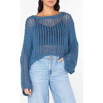 Roxy Lost At Sea Open Stitch Crop Sweater in Captain Blue at Nordstrom, Size X-Large