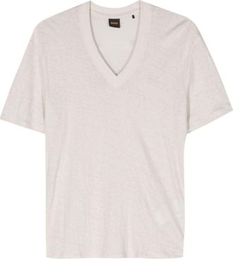 BOSS logo-embroidered linen T-shirt - women - Linen/Flax/Elastane - M - Neutrals