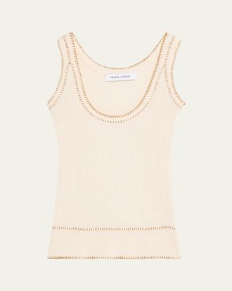 Prabal Gurung Blanket-Stitch Silk-Cashmere Rib Scoop-Neck Tank Top