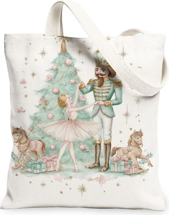 Generic Winter Nutcracker Canvas Tote Bags, Ballet Dance Holiday Pattern Reusable Bags, Vintage Lightweight Washable Shoulder Strap, White, 13x15 Inch