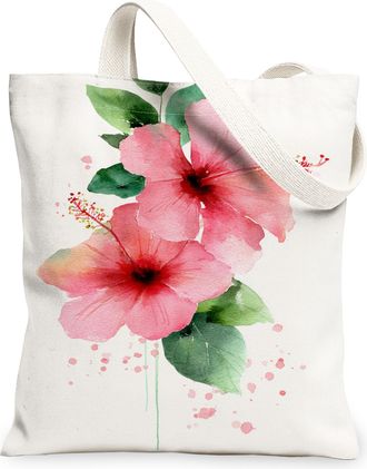 Generic Floral Canvas Tote Bags, Hibiscus Flower Pattern Reusable Grocery Bags, Spring Vintage Lightweight Washable Shoulder Strap, White, 13x15 Inch