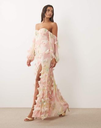 Asos Vestito lungo a fascia con stampa floreale e fiori 3D-Multicolore