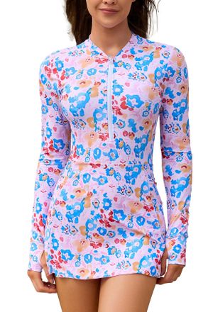 SHEKINI Womens One Piece Rash Guard Thumb Holes Long Sleeve 1/4 Zip up Swimsuit UPF 50+ Bathing Suit Pockets Swimdress Surfing Swimming Costume with Shorts, B