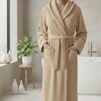 Dmora Bata De Ba&ntilde;o Satiza, 100% Algod&oacute;n Con Capucha, Degradado Crema, Talla Xl, Blanco Crema
