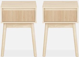 Sweeek Sweeek - Mesita con decoración madera 1 cajón, set de 2, Linear, Natural, 39x39x55.4 cm
