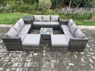 Fimous Outdoor Rattan Garden Furniture Set 11 Seater Patio Lounge Sofa Set with Side Table Square Coffee Table 2 Big Footstool in Dark Grey