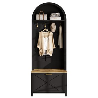 STILVORA Mueble De Recibidor Perchero Tipo &Aacute;rbol Con Estante Y Zapatero, En Mdf, Negro Y Madera, 75&times;35&times;195 Cm