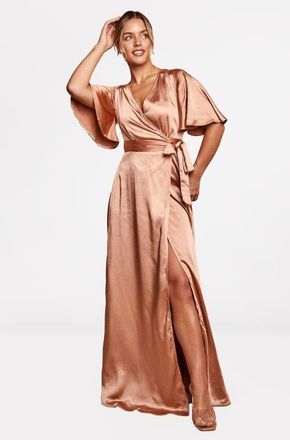 Six Stories Wrap Tie Satin Bridesmaid Dress in Burnt Peach at Nordstrom, Size 10