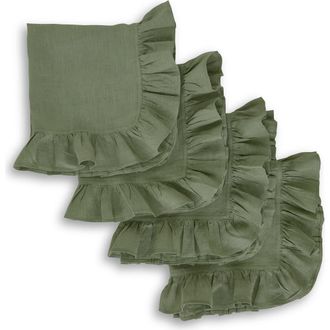 Solino Home Linen Dinner Napkins Set of 4, 20 x 20 Inch for Dining Table, Holiday and Everyday Table Decor - Gabrielle Ruffle in Oil Green at
