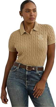 Lauren Ralph Lauren Plus Size Cable-Knit Cotton Polo Sweater Womens Sweater Birch Tan : 2X