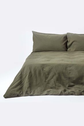 Homescapes Luxury Soft Plain European Linen Duvet Cover Set in Green | Size: EU Double