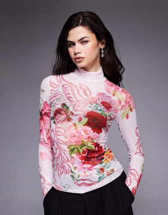 AFRM Zadie - Top dolcevita in rete rosa a fiori-Multicolore