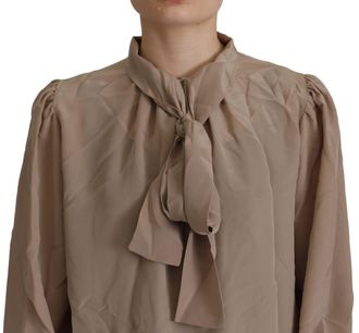 Dolce & Gabbana Womens Brown Waistband Sleeves Ascot Collar Top Blouse Silk