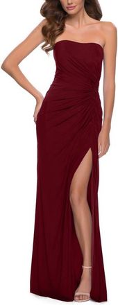 La Femme Strapless Jersey Dress with Ruching and Skirt Slit in Burgundy at Nordstrom, Size 14