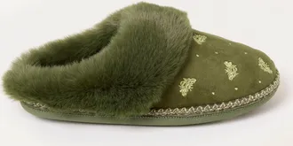 Fat Face FatFace Maia Khaki Green Faux Fur Mule Slippers