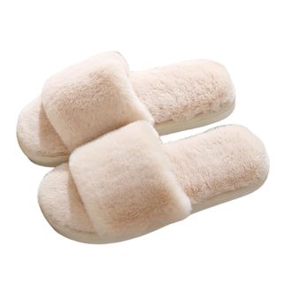 Generic Womens Slippers Fluffy Memory Foam Open Toe Comfortable Plush Indoor Anti-slip Slippers khaki 2/2.5 UK