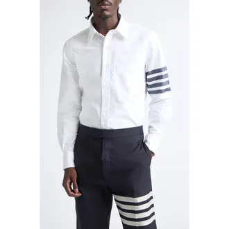 Thom Browne Straight Fit 4-Bar Cotton Oxford Poplin Button-Down Shirt in White/navy at Nordstrom, Size 5