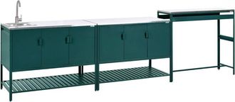 Beliani Outdoor Kitchen Cabinet Green Stainless Steel 3 Door Unit with Top Garden Kitchen Dining MAENZA
