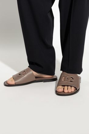 Dolce & Gabbana Leather Slides With Logo, Mens, Brown