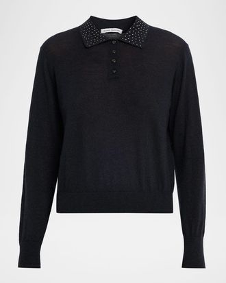Autumn Cashmere Rhinestone-Embellished Cashmere Polo Sweater