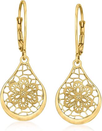 Ross-Simons Italian 14kt Yellow Gold Openwork Floral Lace Teardrop Earrings