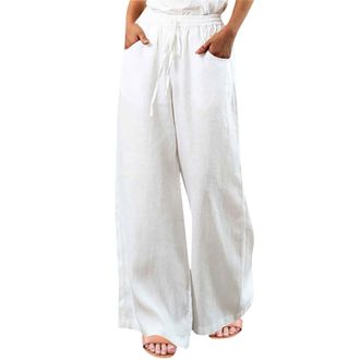 Generic K-460 White Ladies Casual Pants Pants for Women Faux Gauze Linen Loose Fit Pleated Flare Bell Bottom Straight Leg Plain Long Boot Cut Leg Summer Fall 