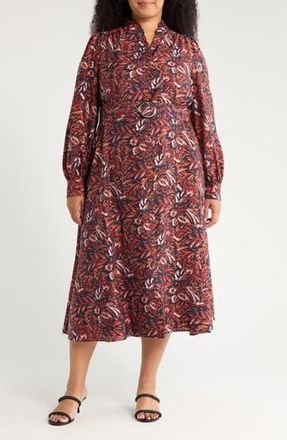 Caslon Floral Print Long Sleeve Shirtdress in Navy- Rust Ikat Blossom at Nordstrom Rack, Size 2X