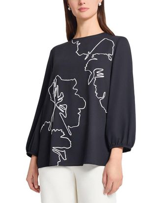 Ming Wang Embroidered Crepe De Chine Blouse