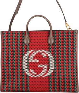 Gucci Multi-Color Red Brown Tweed Leather Shoulder Bag Tote Bag (Pre-Owned)