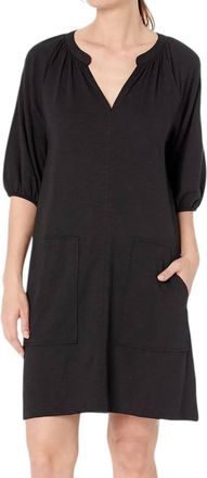 Lilla P Elbow Sleeve Split Neck Dress In Black