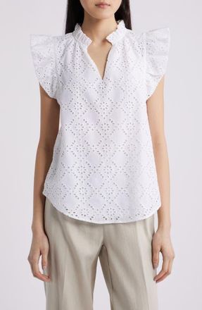 Anne Klein Embroidered Cotton Eyelet Top in Crisp White at Nordstrom, Size X-Large