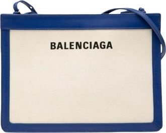 Balenciaga Pre-owned Cross Body Bags, female, Beige, Size: ONE SIZE Pre-owned Navy Pochette Canvas Leather Shoulder Bag