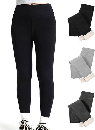 Generic Women Winter Warm Thick Leggings High Waist Sherpa Skinny Pants Slim Casual Warm Winter Solid Pants (Black,S)