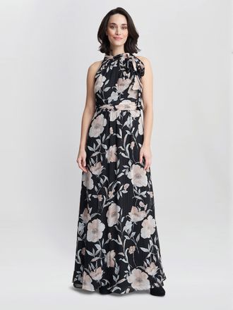 Gina Bacconi Womens Printed Maxi Dress With Tie Neckline Detail - Black - Size 14 UK