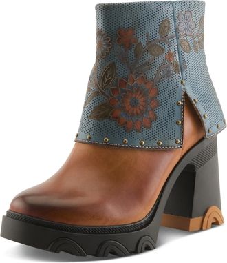 L'Artiste by Spring Step Carizma Platform Booties | Hand-Painted Leather Ankle Boots with Chunky Heel, Camel Multi, 7 UK