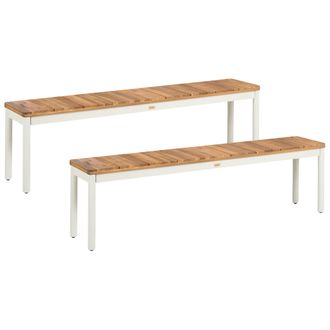 Beliani Conjunto De 2 Bancos De Jard&iacute;n Modernos De Madera De Acacia Con Listones Y Estructura De Metal Marr&oacute;n Giovinazzo