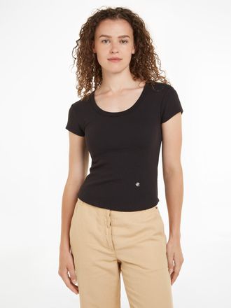 Tommy Hilfiger T-Shirt TOMMY HILFIGER SLIM RIB SCOOP NK CAP SLV, Damen, Gr. XXL (44), schwarz, Rippware, Obermaterial: 96% Baumwolle, 4% Elasthan, unifarben, Basic, 