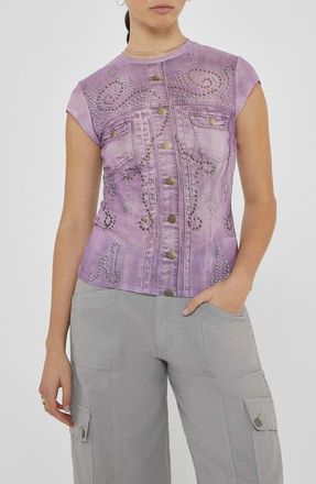 Guess Studded Denim Trompe lOeil Mesh Graphic T-Shirt in Lux Orchid Multi at Nordstrom, Size X-Small