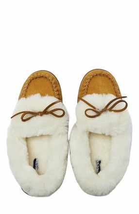 Lands End Fluffy Lined Indoor Outdoor Moccasin Slippers in English Tan Suede at Nordstrom, Size 11